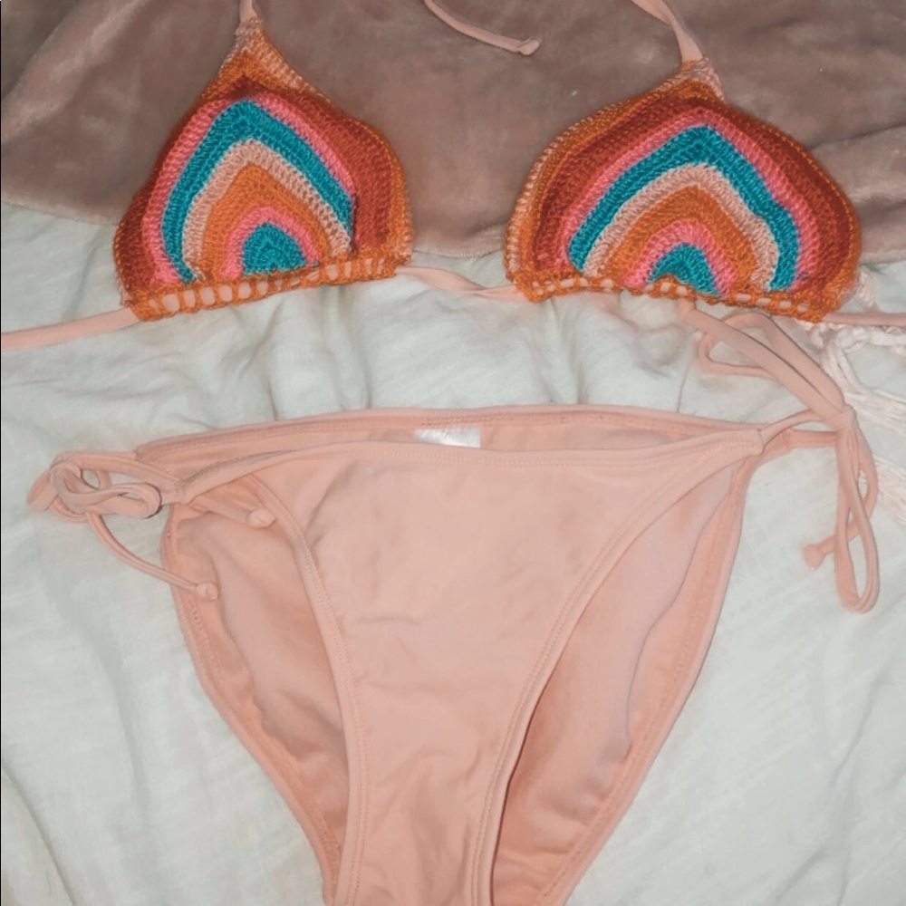 pastel bikini set w/ rainbow knitted top!!